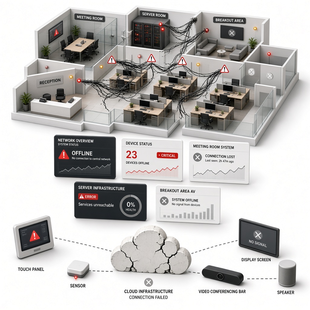 Isometric cutaway of a modern office showing red and amber warning indicators, broken connection lines, and disconnected dashboard panels floating below, representing failed technology systems and network silos.